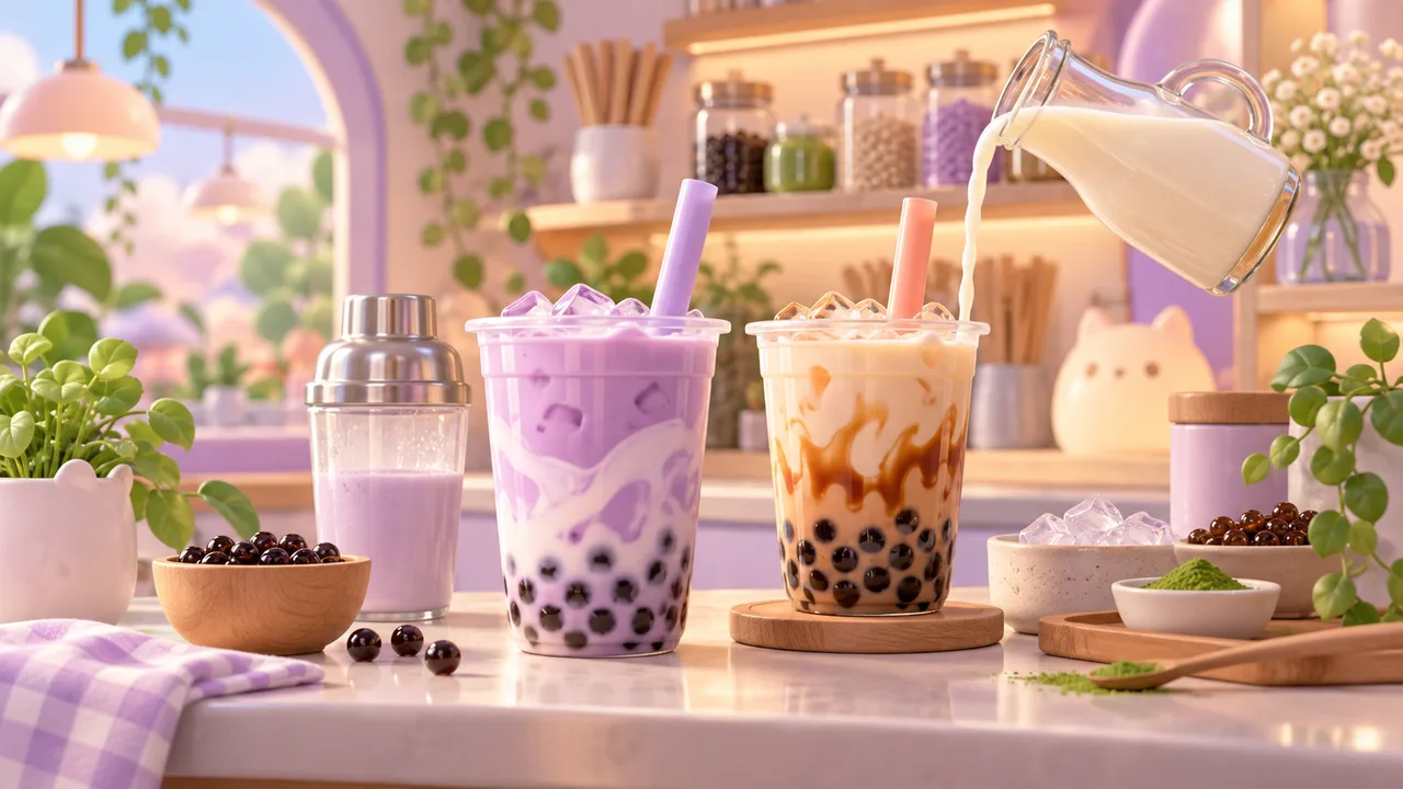 Boba Lab guide: pour, shake and serve your first drinks — themed illustration