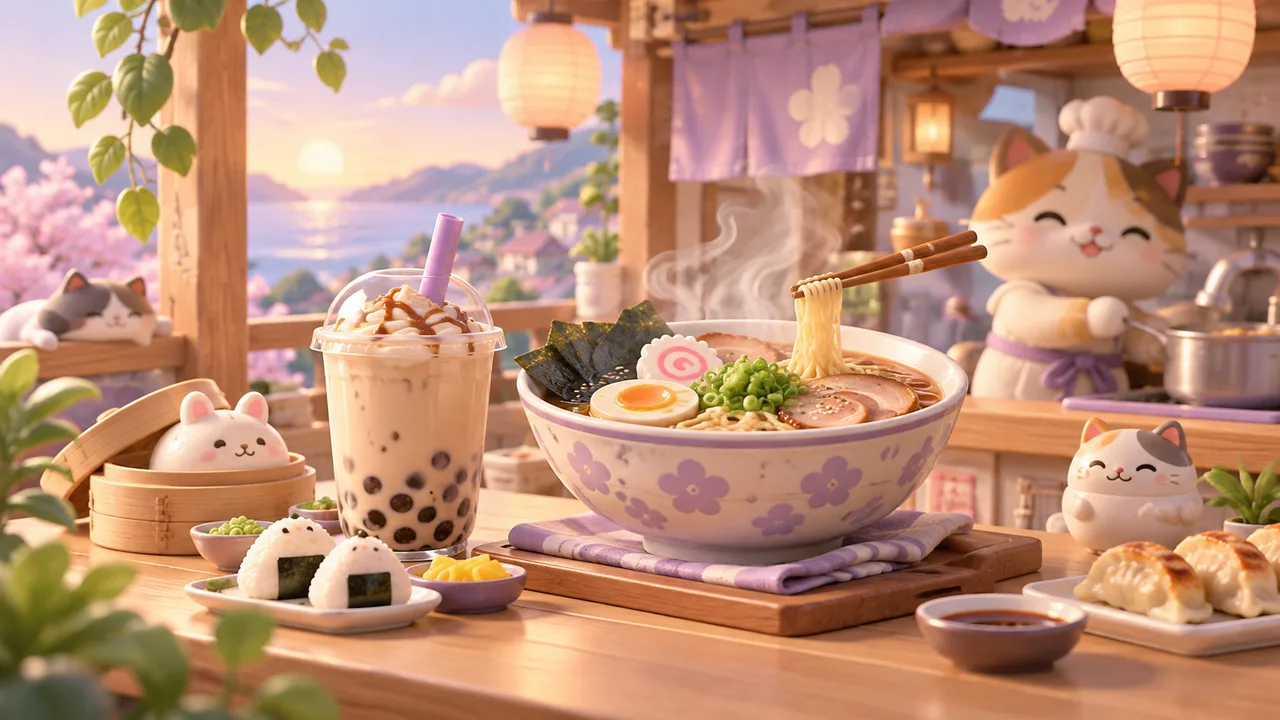 Free cooking games: boba, ramen and busy kitchens — themed illustration
