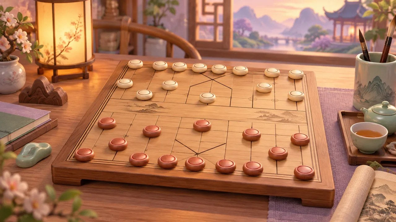 Xiangqi for beginners: the river, palace and seven pieces — themed illustration