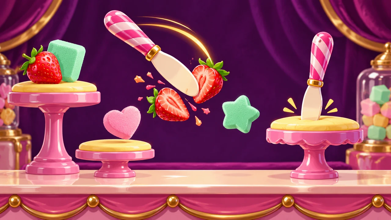 A rounded toy blade flips through fruit and lands on a glossy pink stand.
