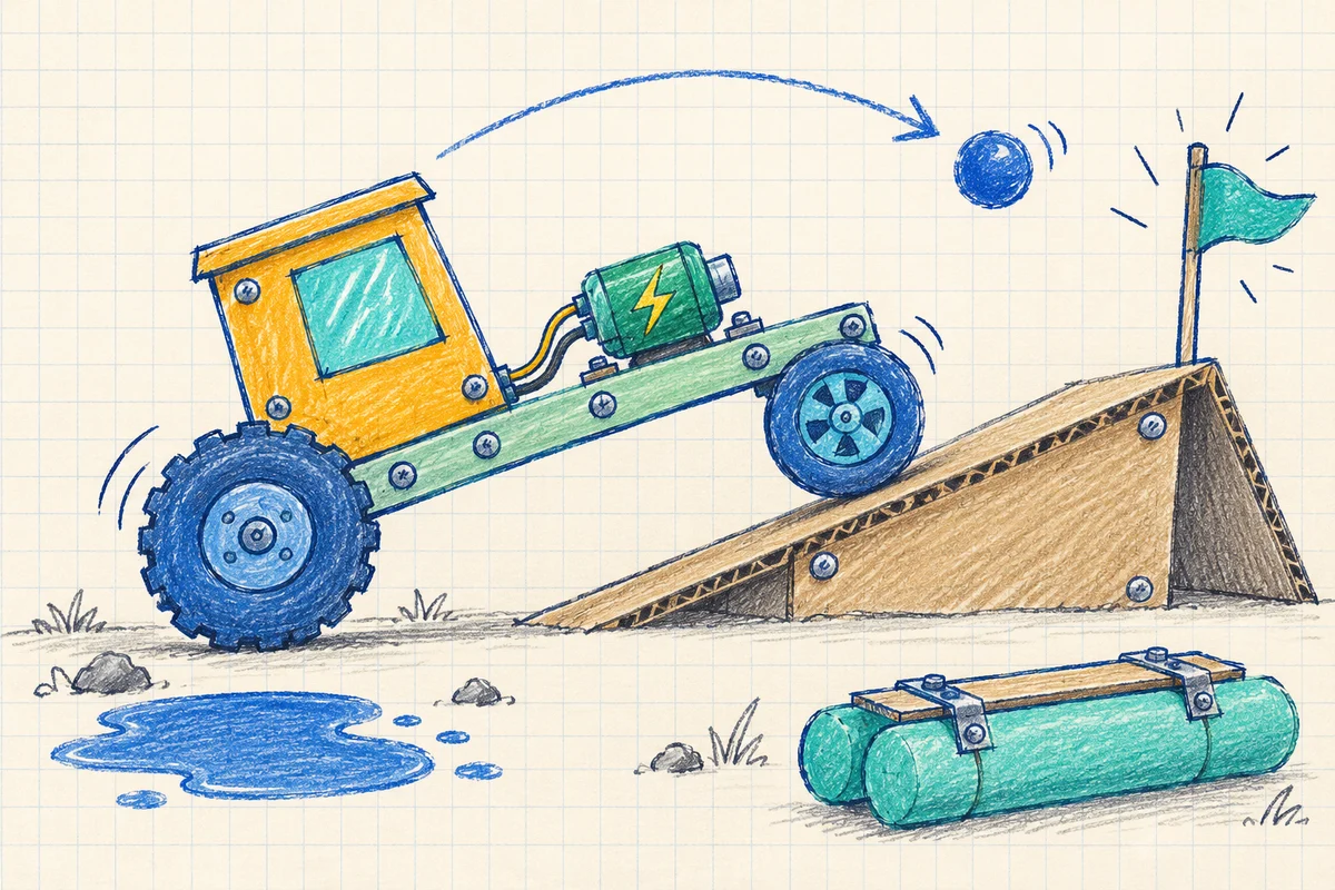 A handmade notebook vehicle climbs a cardboard ramp toward a flag.