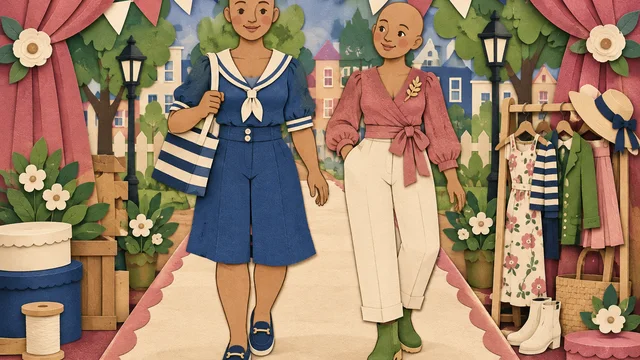 Two paper dolls showing their original styled outfits