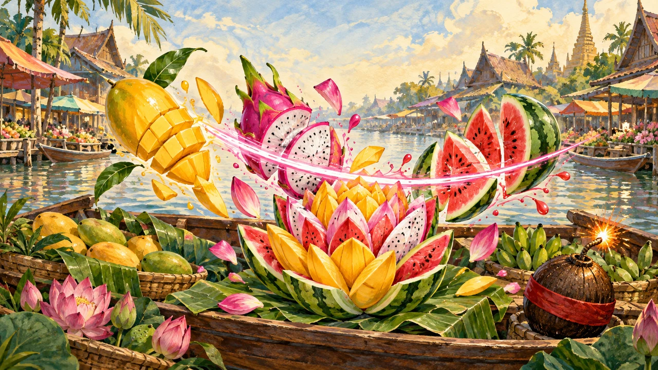 A swipe turns tropical fruit into a carved lotus above a Thai market boat.