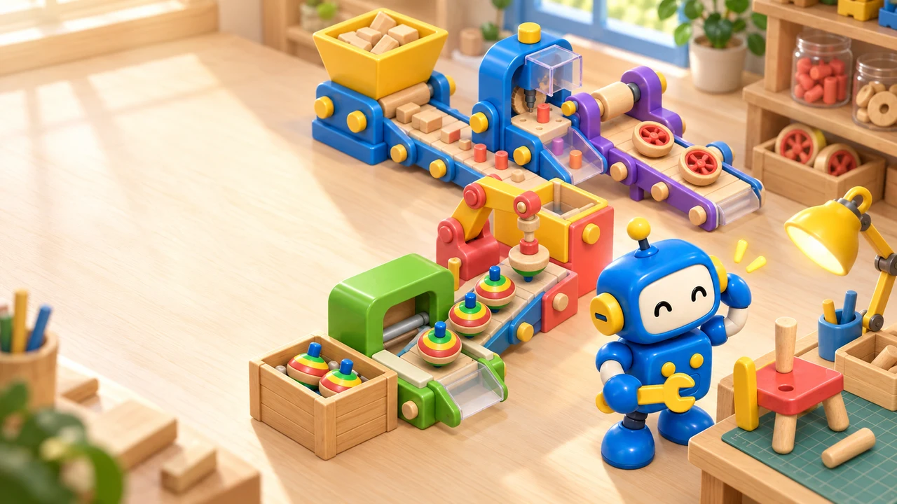 Pip beside a tiny wooden toy factory